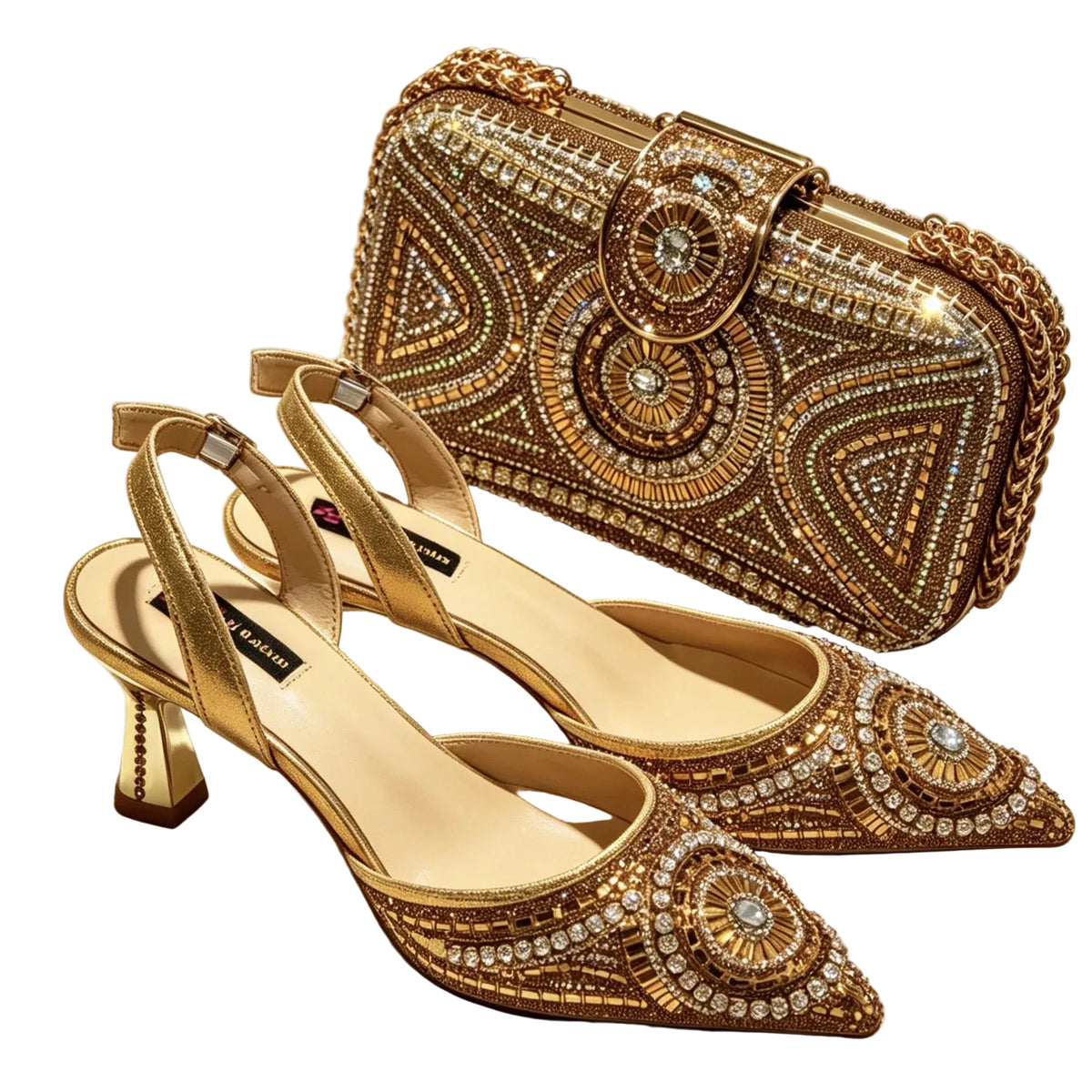 A matching gold evening set featuring pointed-toe slingback heels and a structured clutch bag, both heavily embellished with rhinestones and beadwork on a draped satin fabric background.